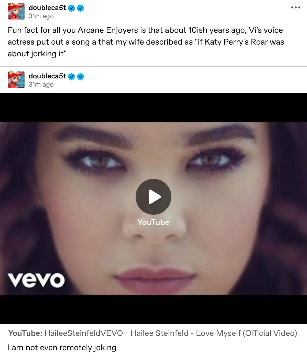 The image shows a screenshot of a social media post by 'doubleca5t' featuring a YouTube video thumbnail of Hailee Steinfeld…