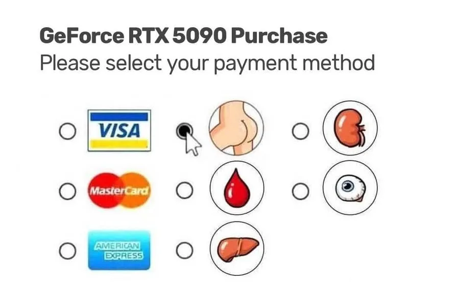 An image mimicking a payment selection screen for a 'GeForce RTX 5090 Purchase', showing traditional credit card logos…