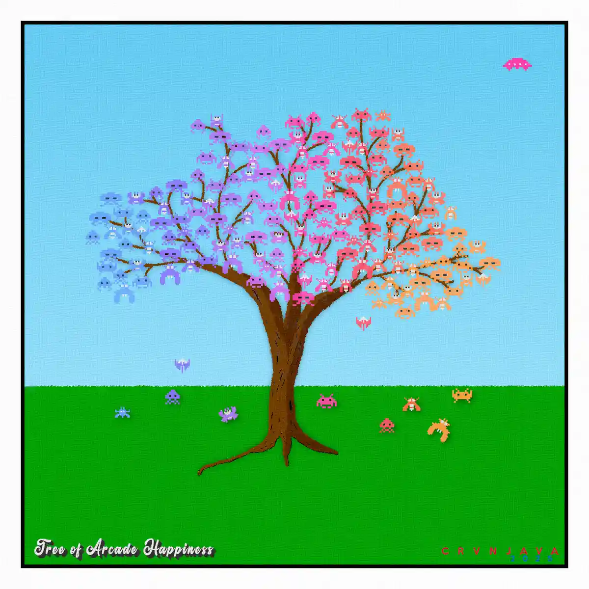 A pixel-art tree with a brown trunk and branches, its leaves composed of colorful, gradient alien invaders from the classic…