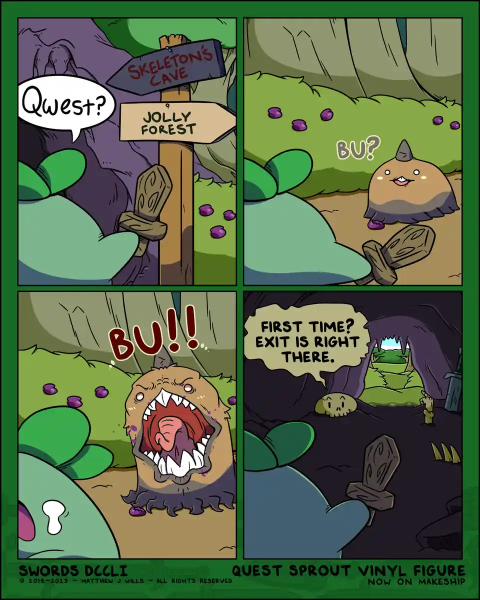 A four-panel comic shows a green, blob-like character confused by a signpost pointing to 'Skeleton's Cave' and 'Jolly…