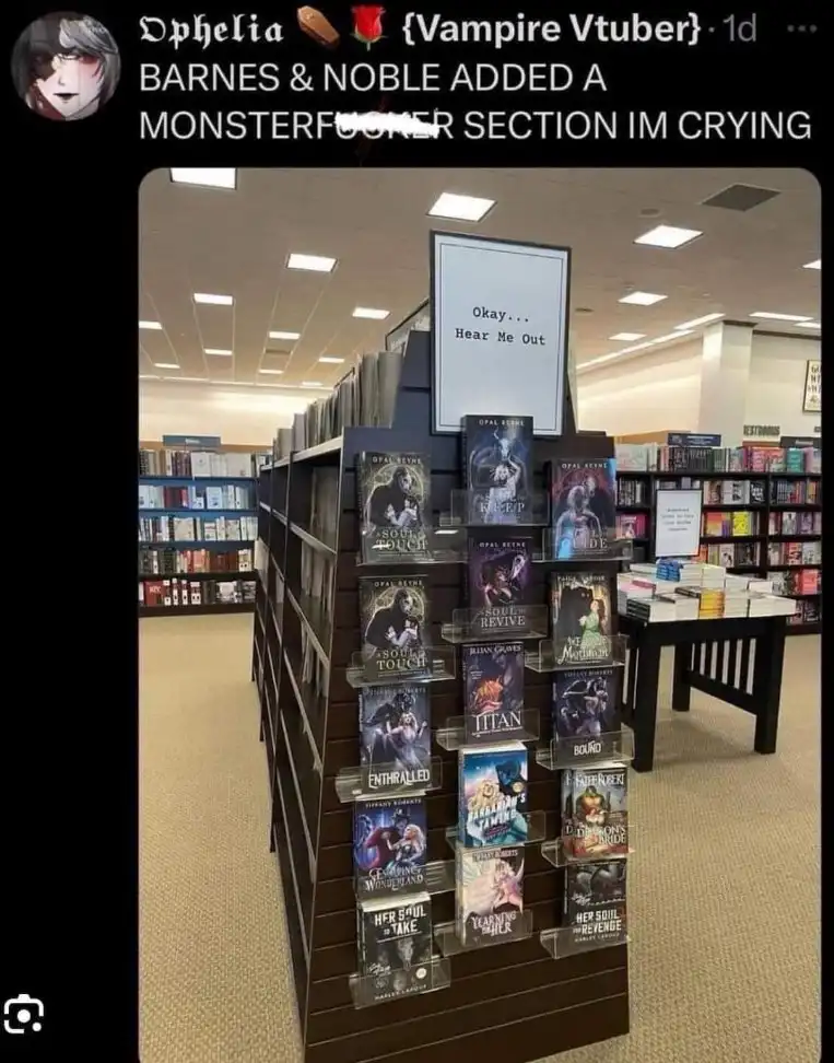 A photo of a Barnes & Noble bookstore display featuring books with monster themes, such as vampires and demons, arranged on…