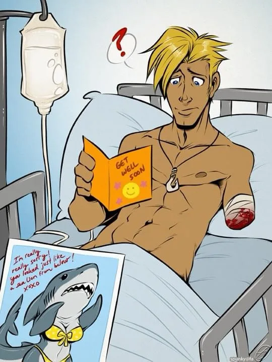 A shirtless, blonde-haired man with a bandaged arm lies in a hospital bed next to an IV drip, holding a yellow 'GET WELL…
