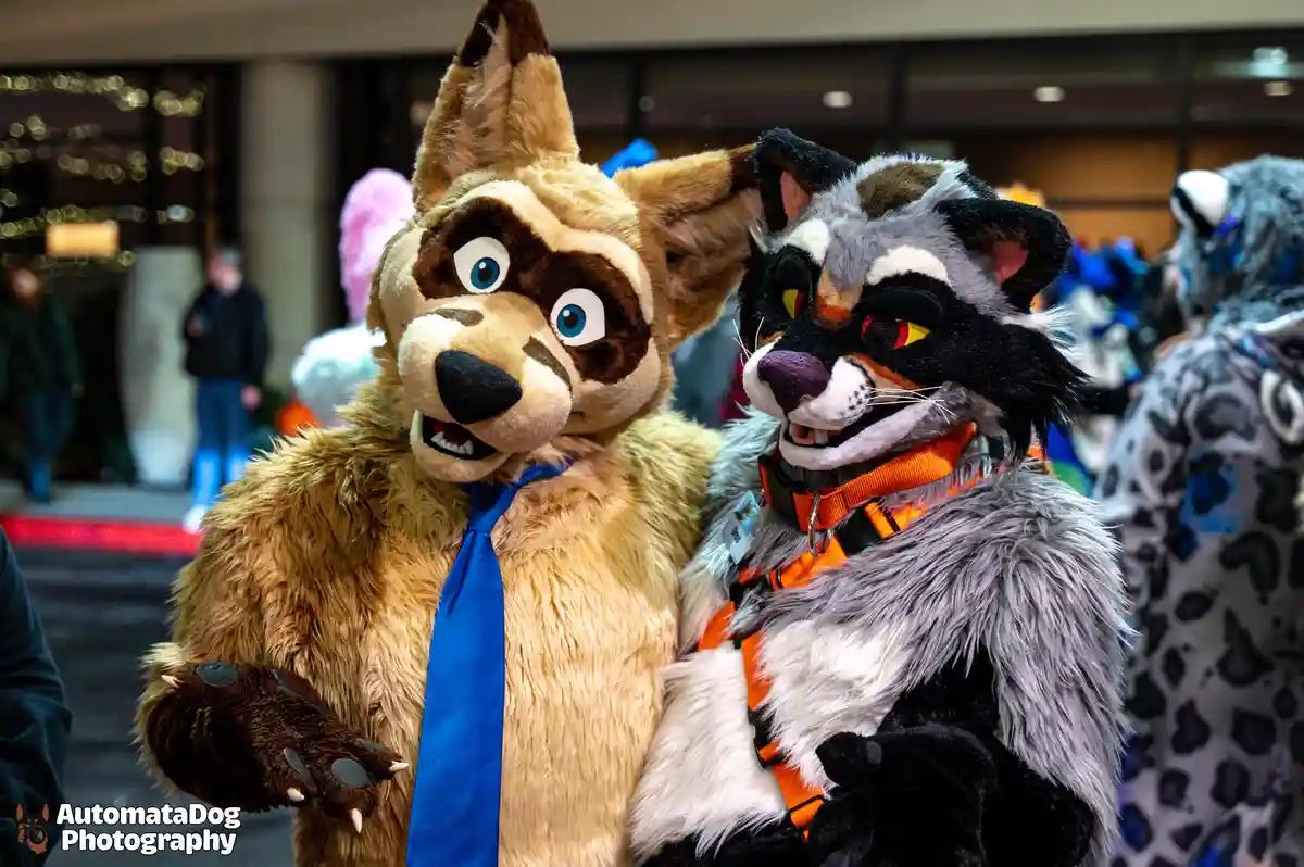 Two fursuiters dressed as raccoons pose together at a convention; one wears a blue tie and has wide blue eyes, while the…