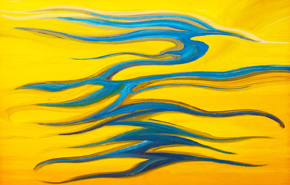 An abstract painting features bold, wavy blue brushstrokes against a vibrant yellow background, resembling stylized flames…