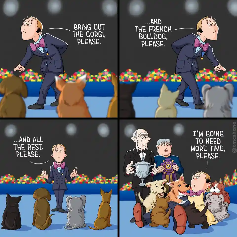 A four-panel comic strip shows a man in a suit calling out various dog breeds to be brought out for an event, starting with…