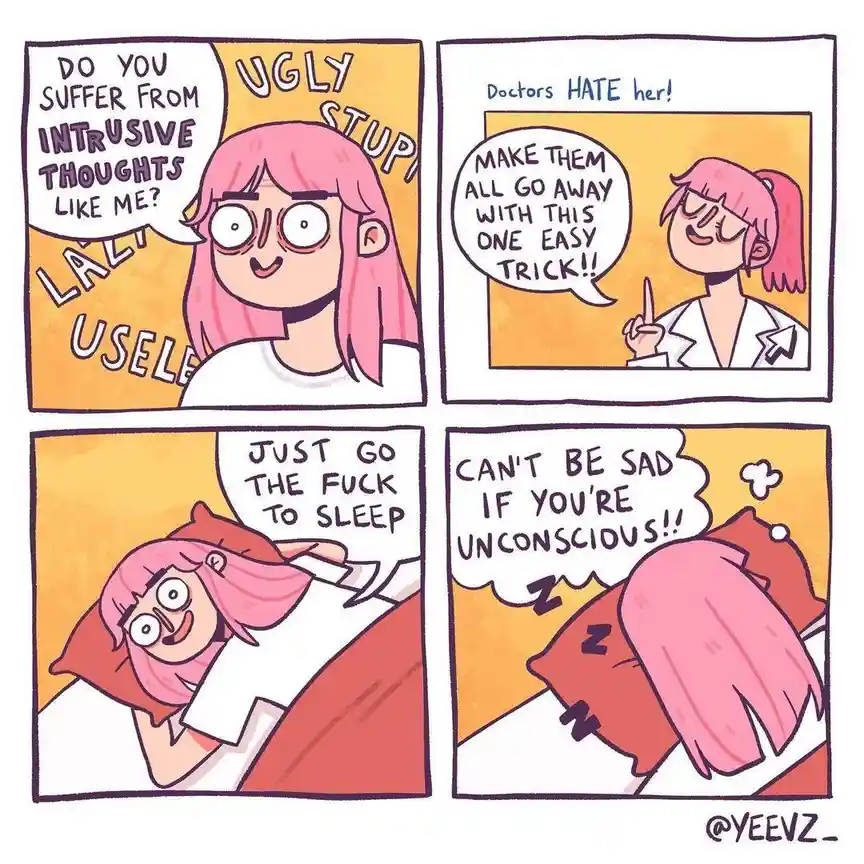 A four-panel comic strip featuring a pink-haired woman who suffers from intrusive thoughts, which are visually labeled as…
