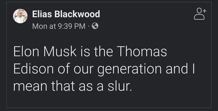 A screenshot of a social media post by 'Elias Blackwood' from Monday at 9:39 PM, featuring white text on a dark background…