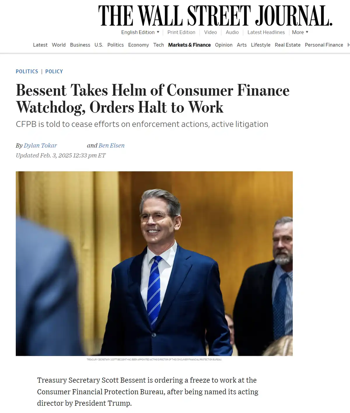 A screenshot of a Wall Street Journal article shows Treasury Secretary Scott Bessent smiling in a blue suit and tie, with…