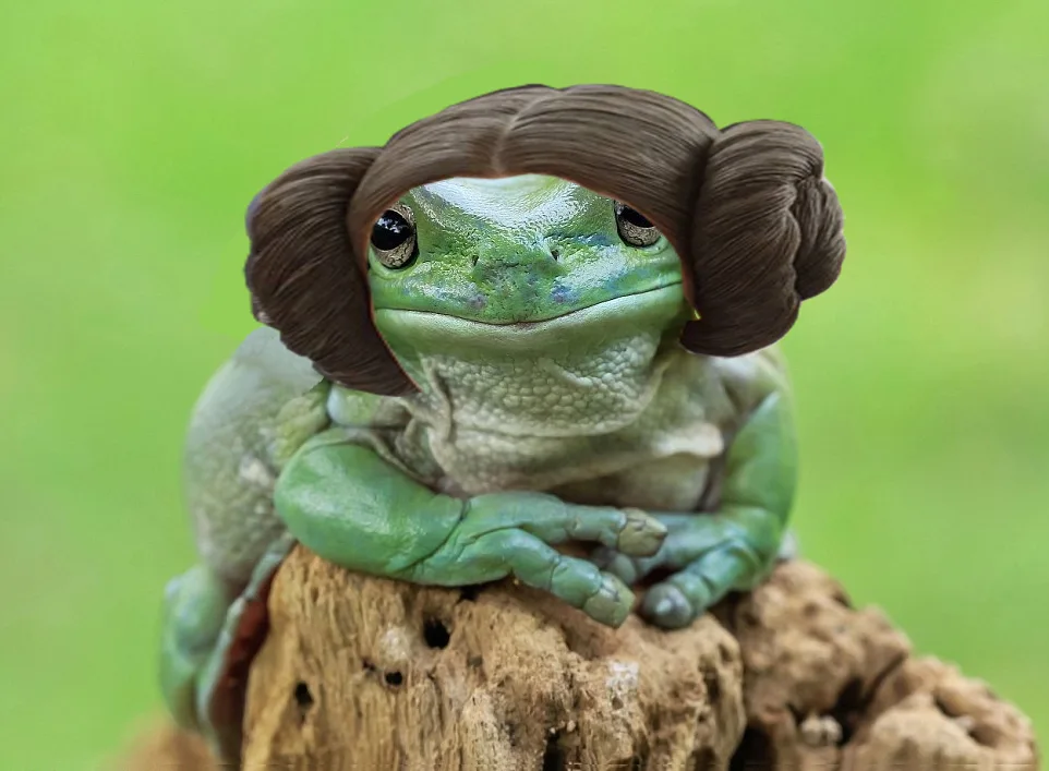 A green frog sits perched on a piece of wood against a blurred green background, wearing a brown wig styled in two buns…
