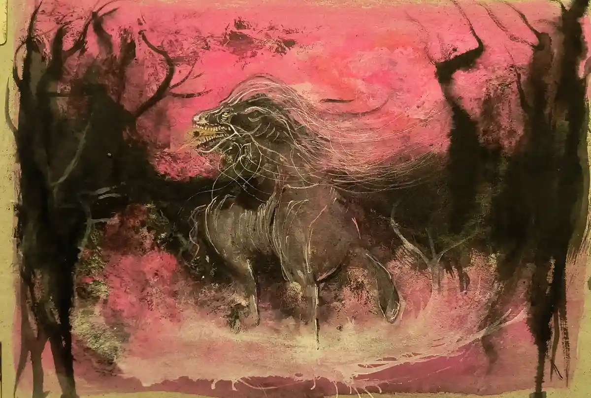 A dark, stylized painting depicts a monstrous, skeletal dragon-like creature with glowing yellow eyes and sharp teeth…