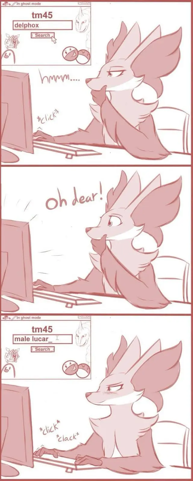 A three-panel comic shows a pink fox-like Pokémon character searching for 'delphox' on a Pokédex-style website, then…