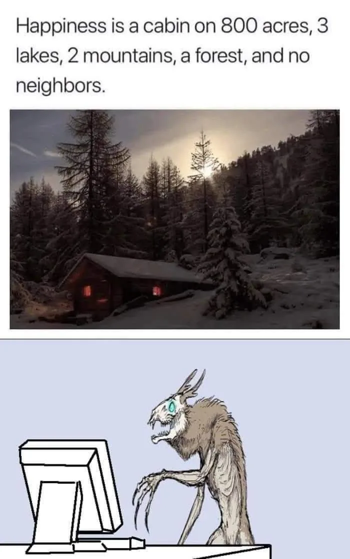 The image is split into two panels. The top panel shows a cozy wooden cabin in a snowy forest at dusk, with lights glowing…