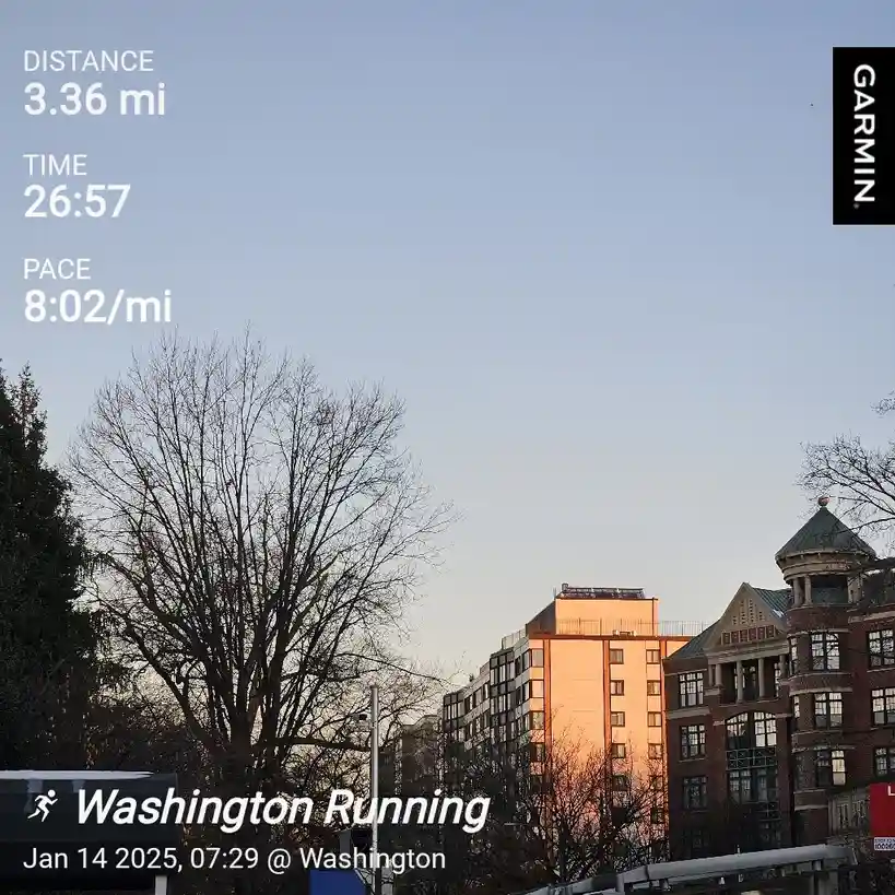 A screenshot of a Garmin fitness tracker showing a 3.36-mile run completed in 26:57 with a pace of 8:02/mi, overlaid on a…