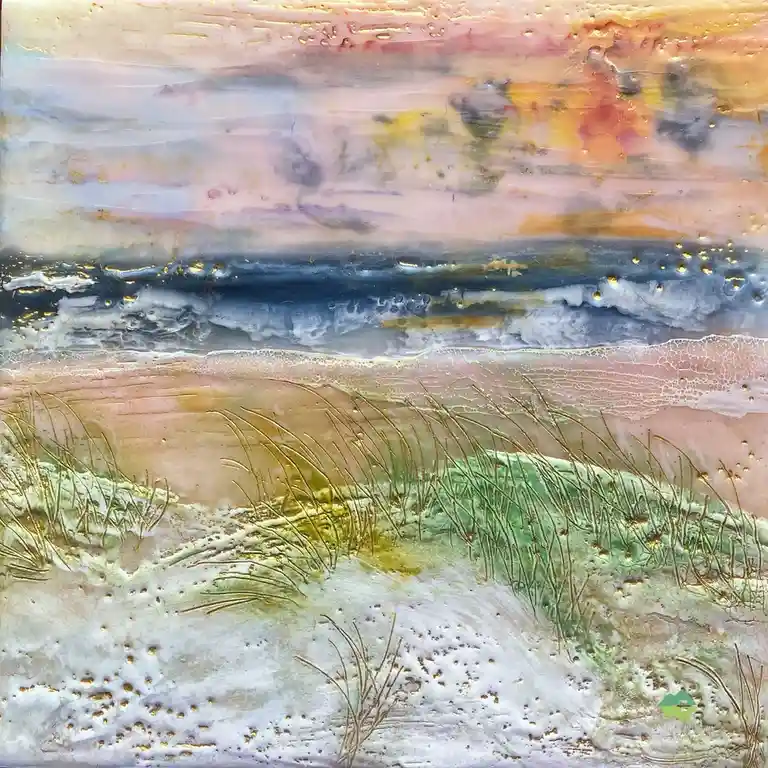 An abstract mixed-media artwork depicts a beach scene with layered colors: a pink and orange sky, a dark blue ocean, and a…