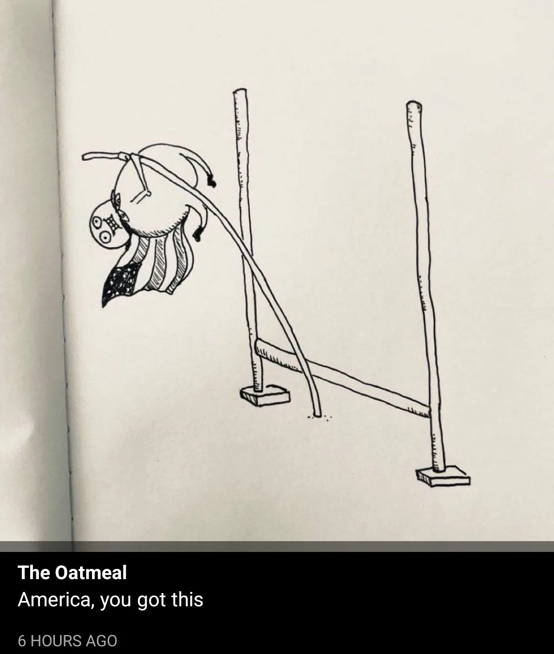 A black-and-white sketch shows a cartoonish, weary-looking American flag character with a sad face, hanging limply from a…