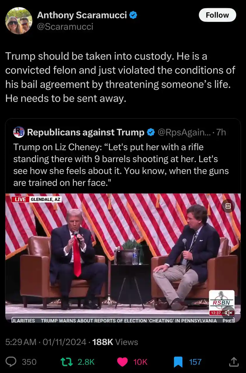 A screenshot of a Twitter post by Anthony Scaramucci, who argues Trump should be taken into custody for violating his bail…