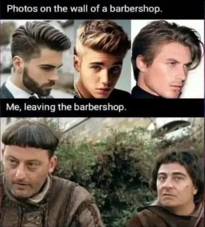 The top panel shows three men with stylish, modern haircuts, labeled 'Photos on the wall of a barbershop.' The bottom panel…