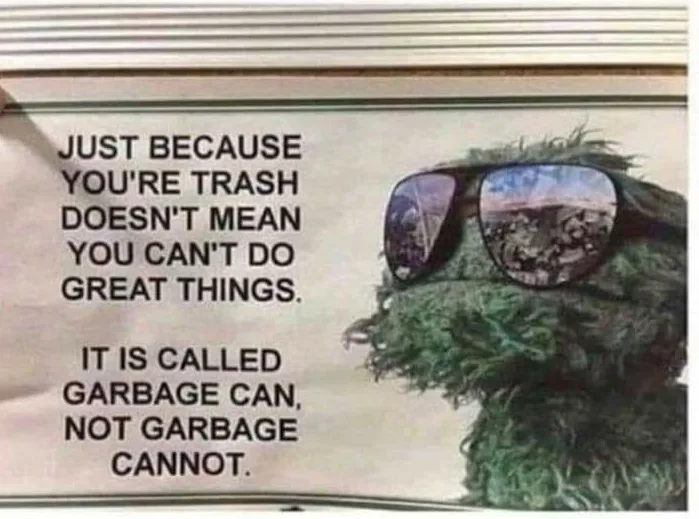 A green, furry creature resembling Oscar the Grouch from Sesame Street is shown wearing large, dark sunglasses. The creature…