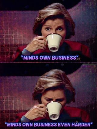 A split image shows a woman in a red jacket holding a white mug. In the top panel, she looks up with wide eyes as text reads…