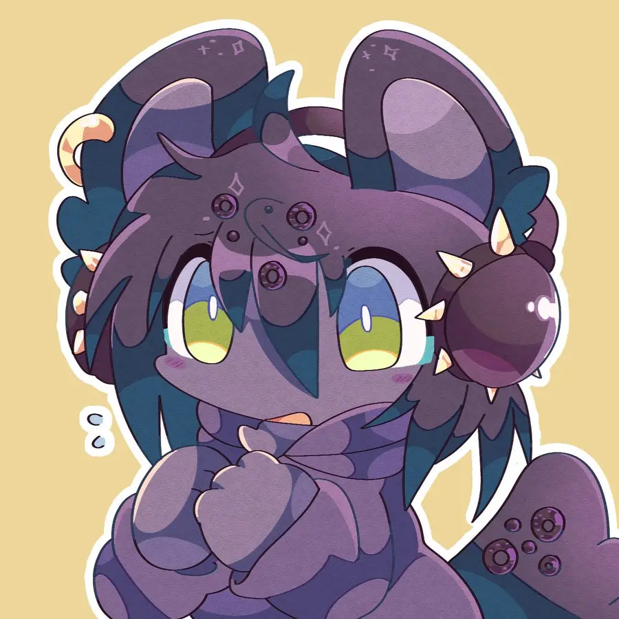 A cute, purple, chibi-style monster with large green eyes, horns, and a surprised expression, clutching its chest. The image…