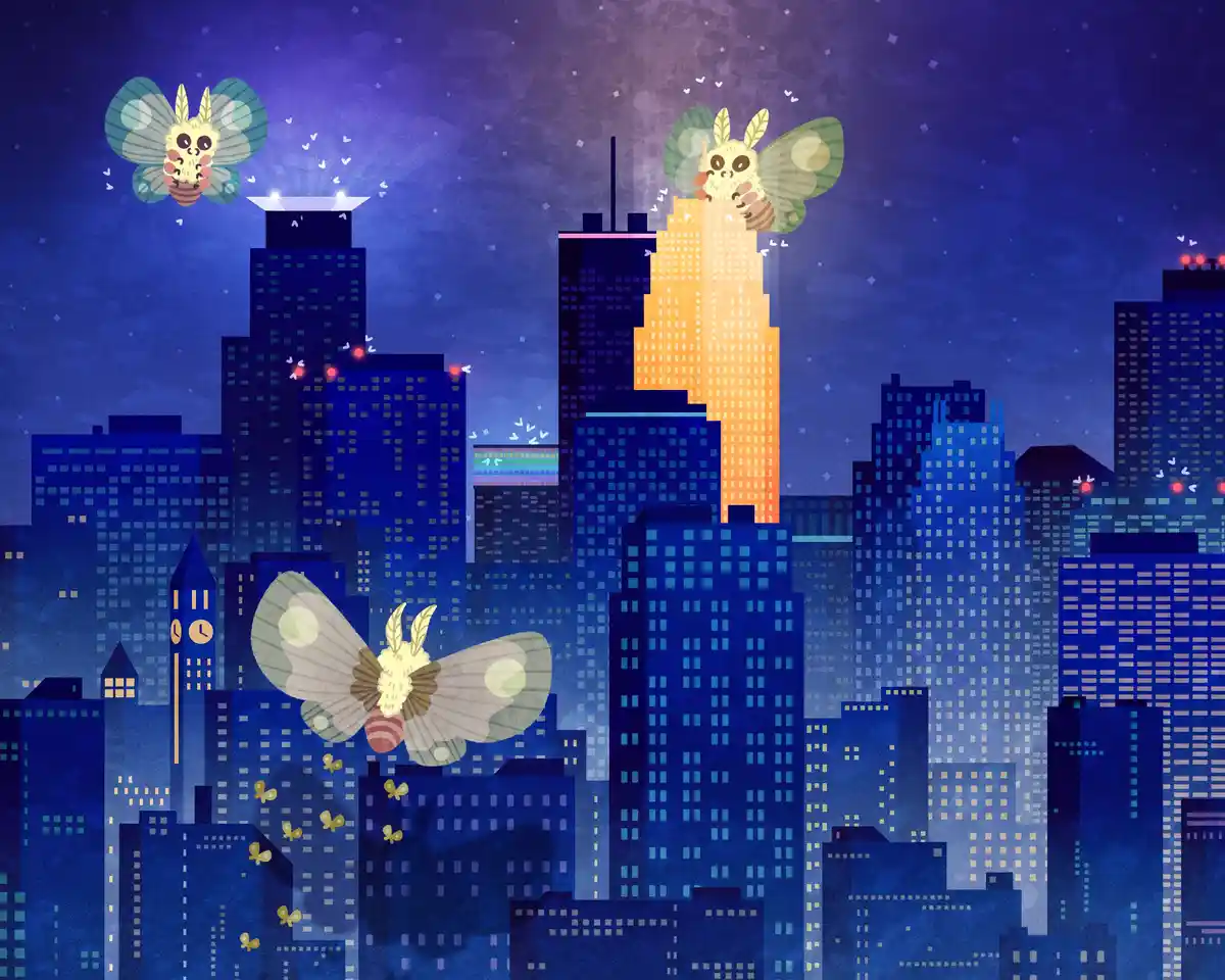 A stylized illustration of a city skyline at night, featuring several giant, cartoonish moths with large, patterned wings…