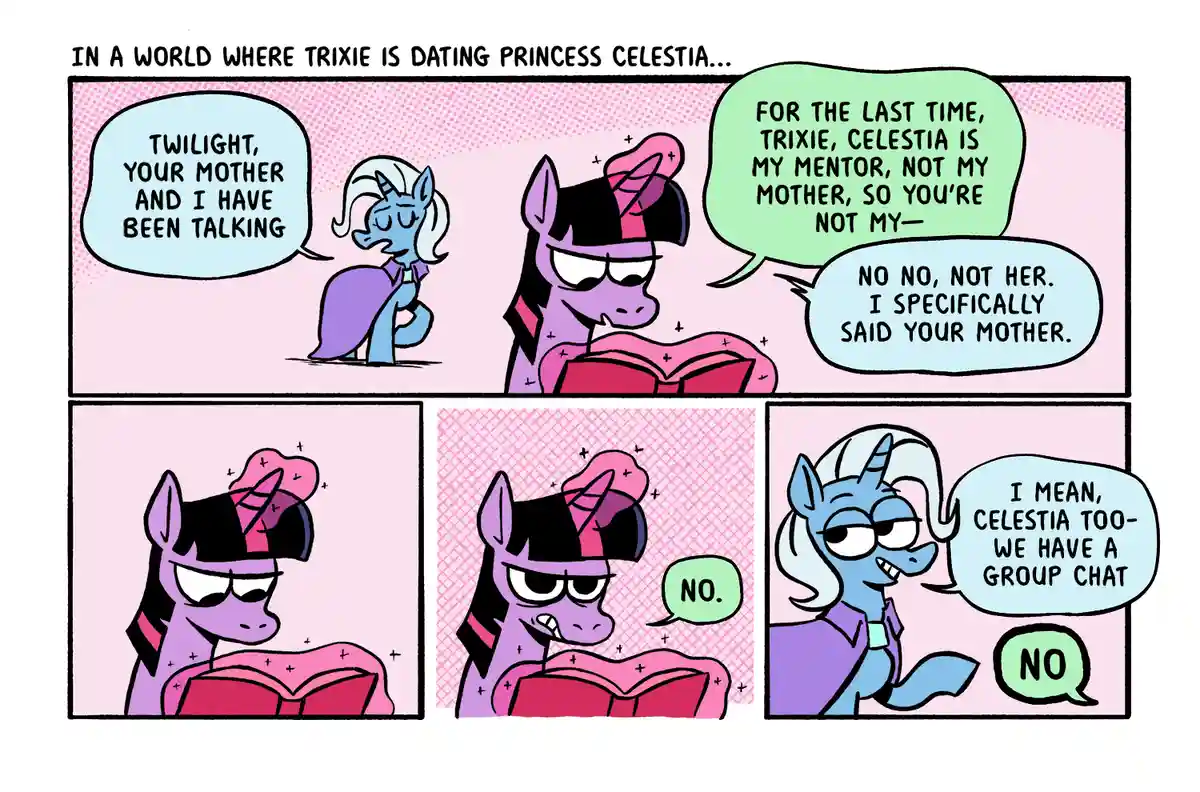 A four-panel comic strip featuring Twilight Sparkle and Trixie Lulamoon. Trixie, reading a book, insists Celestia is her…