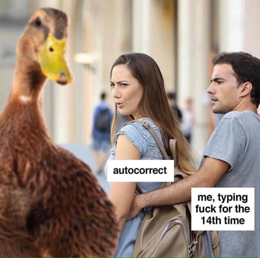 A woman and man walk arm-in-arm down a street, both looking annoyed at a duck standing nearby. The woman has a text box over…