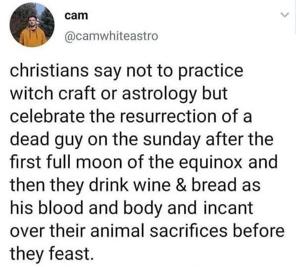 A screenshot of a tweet from user 'cam' (@camwhiteastro) showing a block of text that critiques Christian practices by…