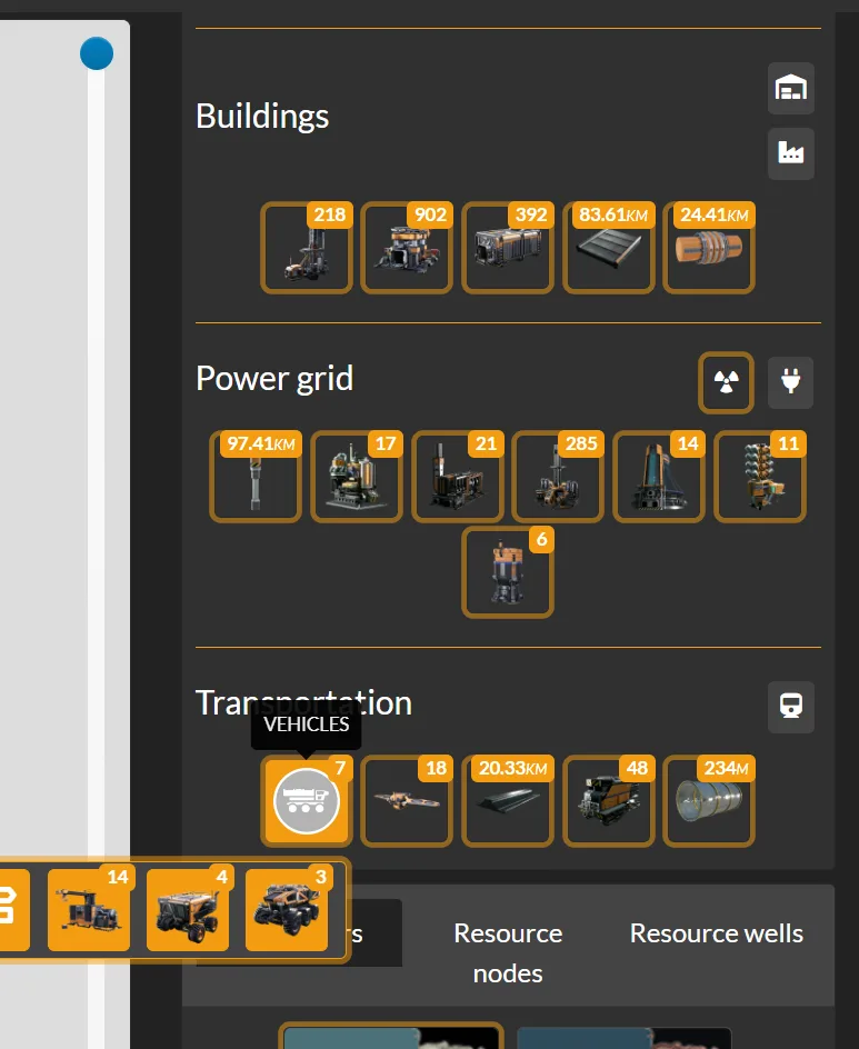 A screenshot from a strategy game's base management interface showing 'Buildings', 'Power grid', and 'Transportation…