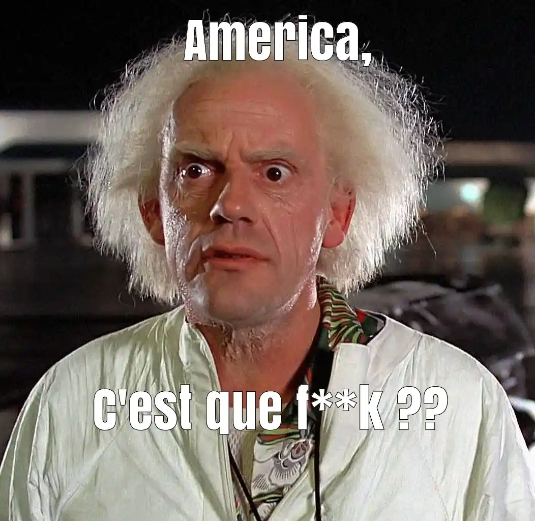 A man with wild white hair and a confused, wide-eyed expression is shown in a close-up. The text overlaid on the image reads…