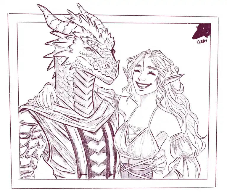 A line drawing shows a smiling elf woman with long hair and pointed ears, her arm wrapped around the shoulder of a large…
