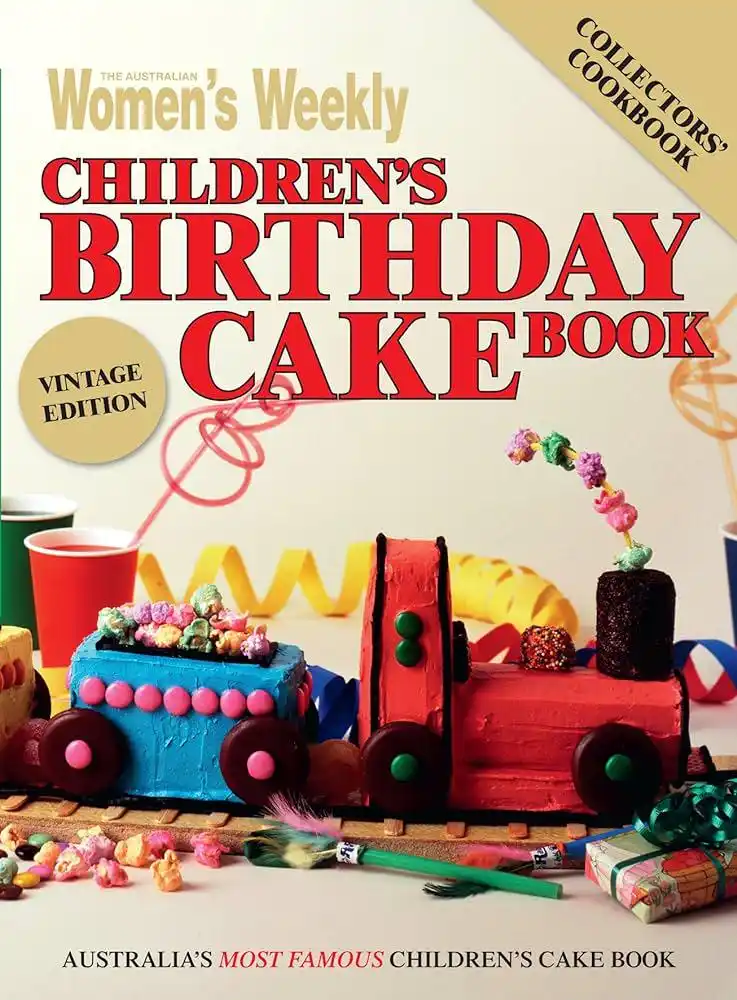 The image shows the cover of 'The Australian Women's Weekly Children's Birthday Cake Book', a 'Vintage Edition' and…