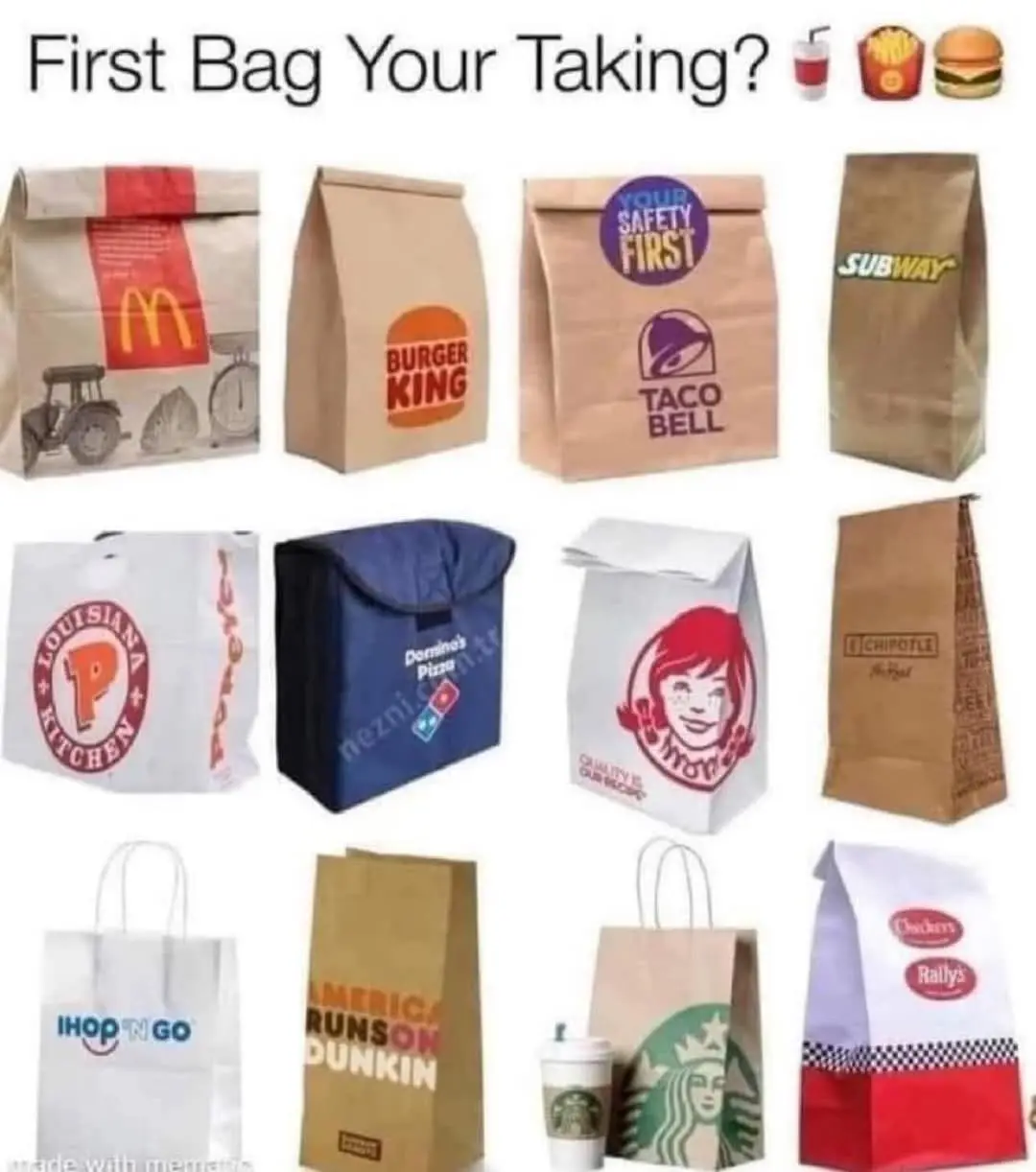 An image displays a grid of 12 different fast food and restaurant bags from chains like McDonald's, Burger King, Taco Bell…