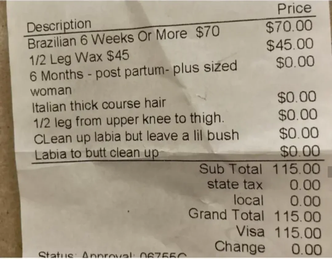 A close-up of a crumpled receipt listing various waxing services with prices, including a Brazilian wax, half-leg wax, and…