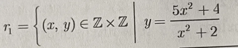A black-and-white image displays a complex mathematical set notation defining r₁ as pairs of integers (x, y) where y equals…