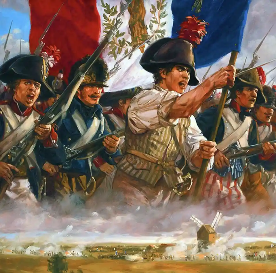 A dramatic historical painting depicts French Revolutionary soldiers in battle, wearing tricolor uniforms and carrying…