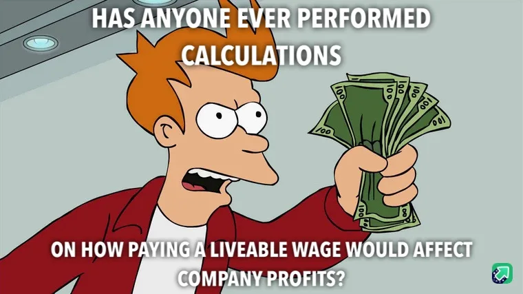 A cartoon man with spiky orange hair, wearing a red jacket over a white shirt, holds up a fan of US $100 bills while looking…
