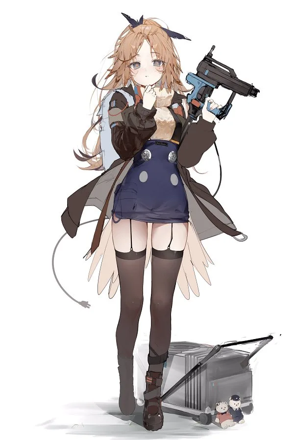 An anime-style illustration of a young woman with blonde hair and blue eyes, wearing a dark coat, a blue skirt with white…