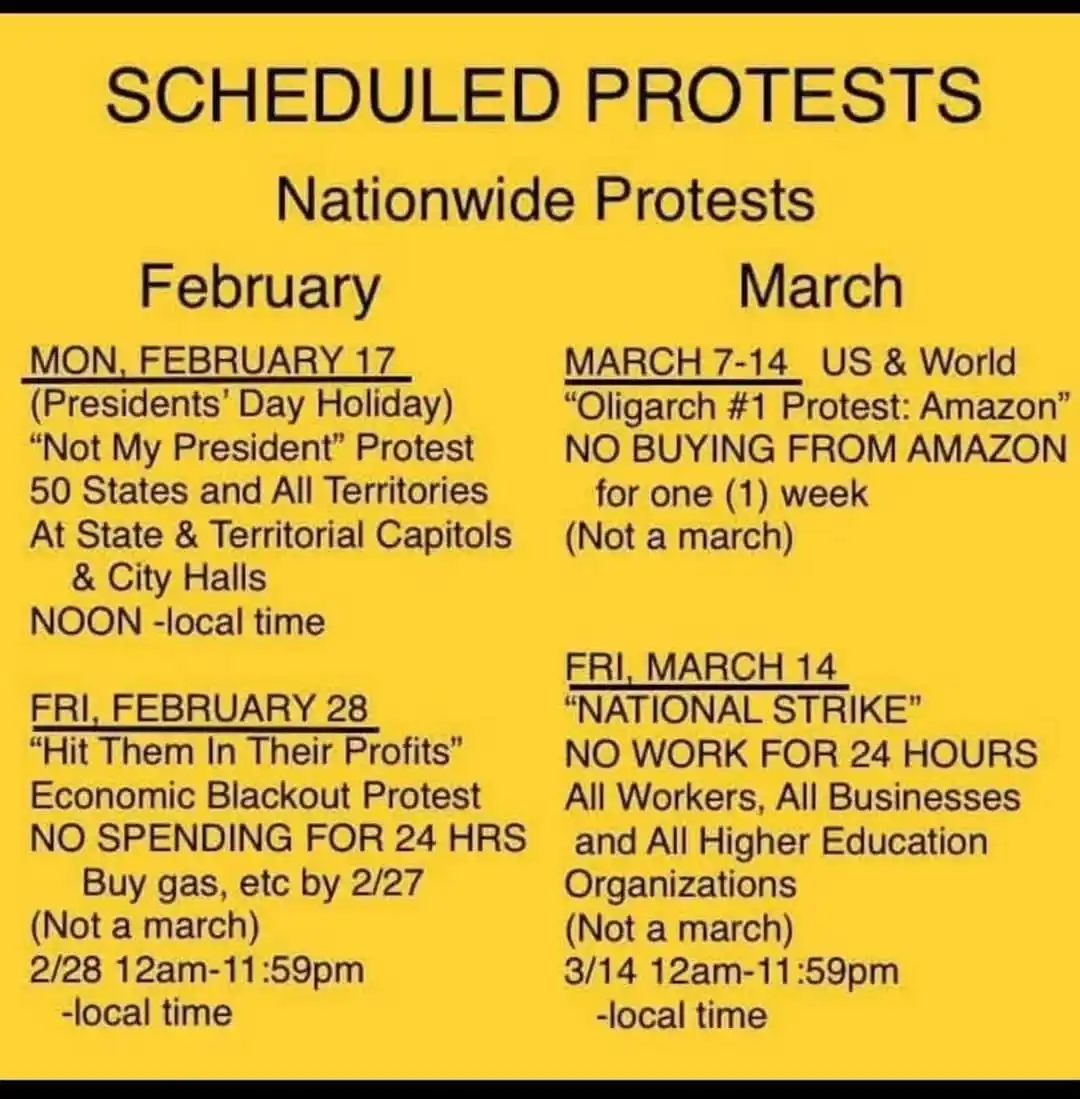 A yellow poster lists scheduled nationwide protests for February and March, including a 'Not My President' protest on…