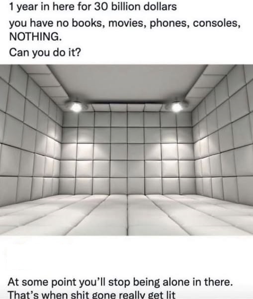 A stark, empty padded cell with white walls and ceiling, lit by two overhead lights, overlaid with text posing a challenge…