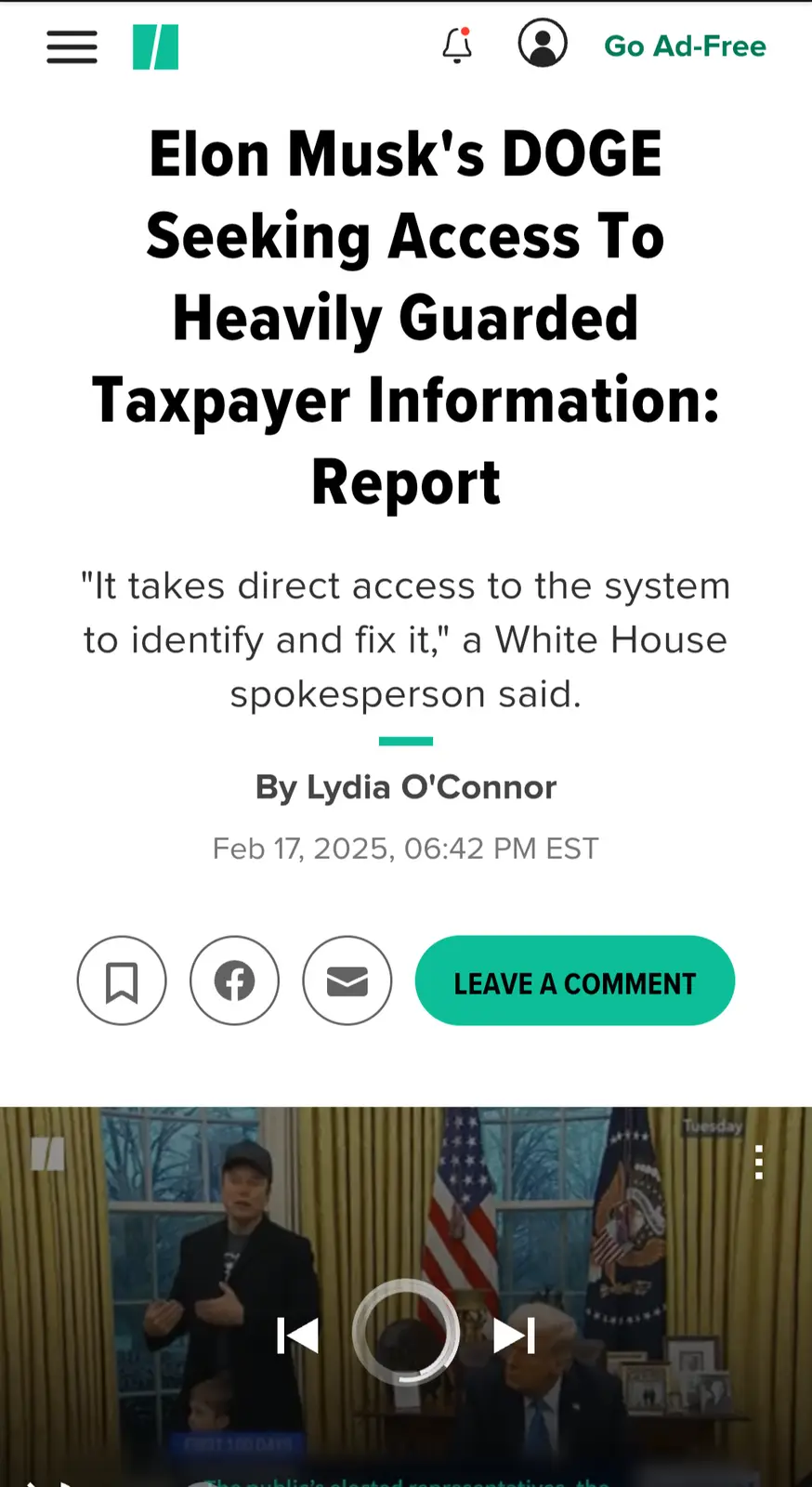 A screenshot of a fake news article headline reading 'Elon Musk's DOGE Seeking Access To Heavily Guarded Taxpayer…