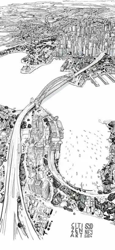A black-and-white line drawing depicts an aerial view of Sydney, Australia, showcasing the Sydney Opera House, Harbour…