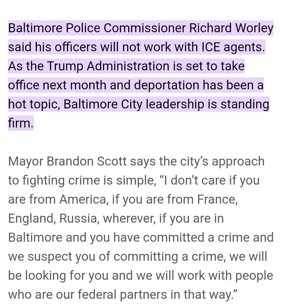 The image displays a news article excerpt with two distinct text blocks. The top block, highlighted in purple, states that…