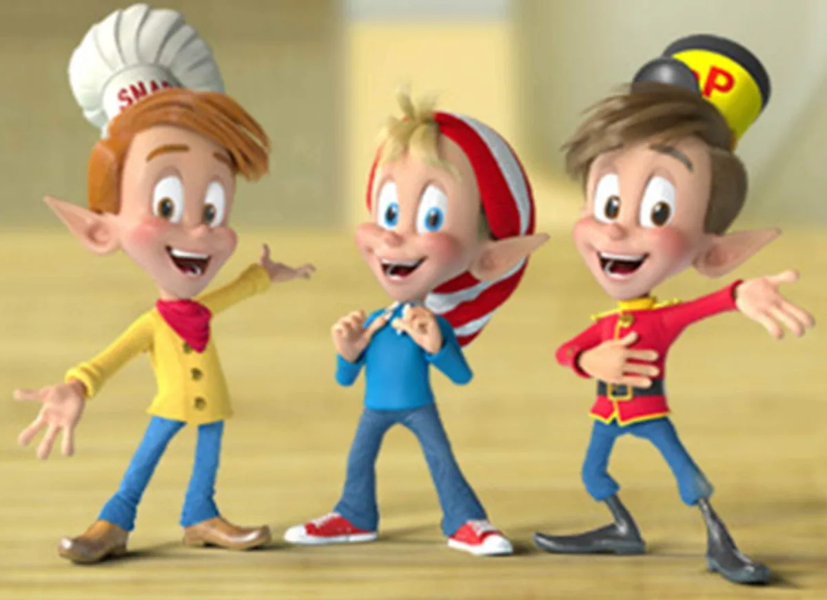 Three cheerful cartoon elves in a row, each wearing distinct outfits: one in a chef's hat with 'SNAP' visible, one in a…