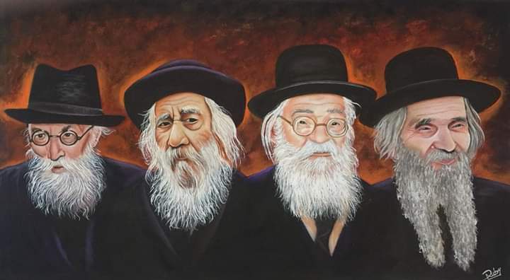 A painting of four elderly Jewish men with long white beards and black hats, standing side by side against a dark, fiery…