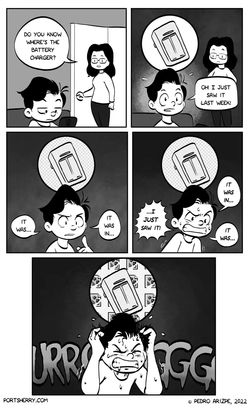 A four-panel black-and-white comic strip shows a woman asking a boy where the battery charger is. He initially claims he saw…