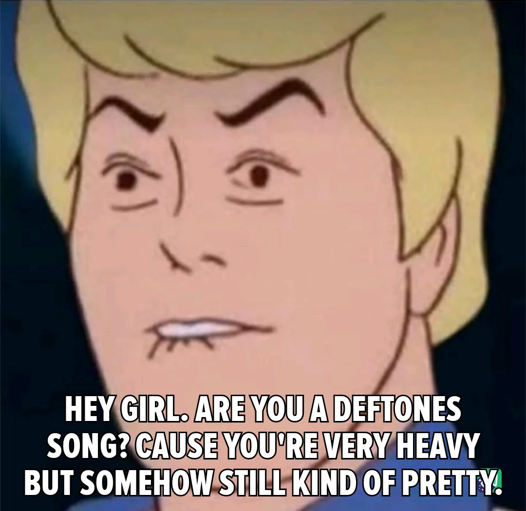 The image shows a close-up of a cartoon man with blonde hair and a skeptical, slightly annoyed expression. Overlaid white…