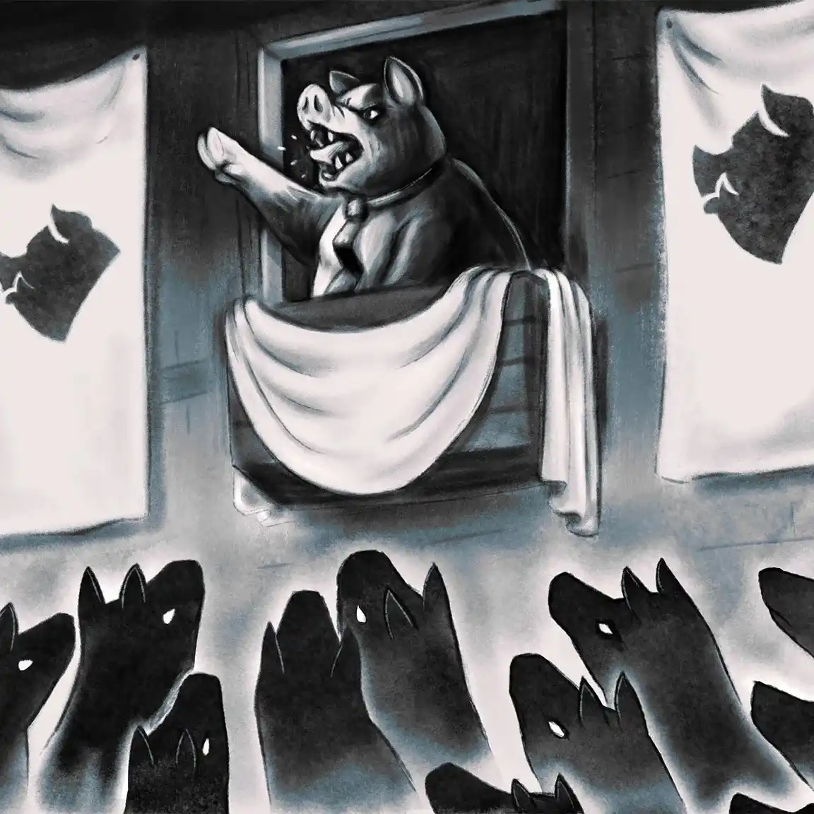 A black-and-white illustration shows a pig in a suit and tie, standing on a raised platform draped with a white cloth…