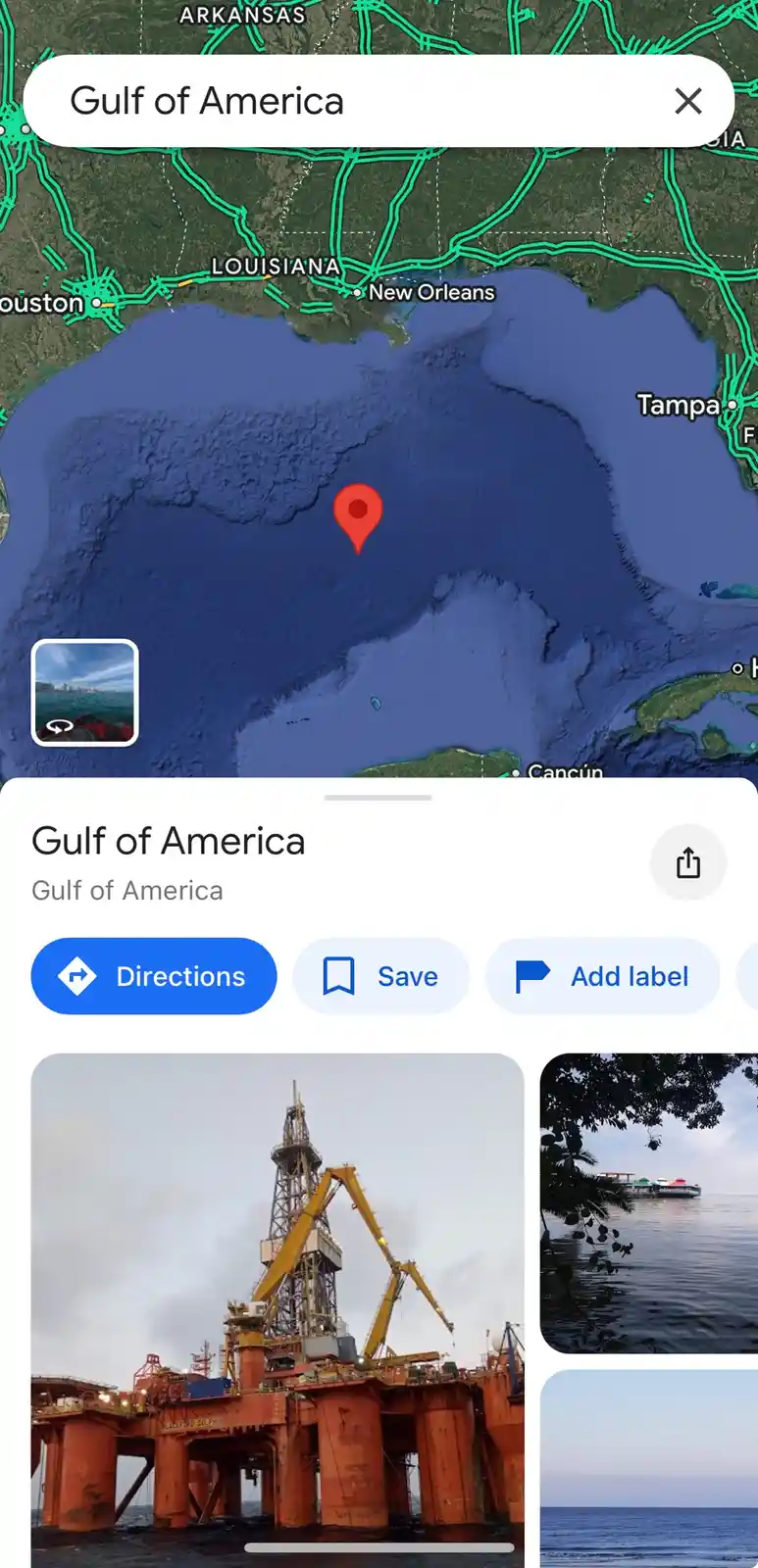 A screenshot of a Google Maps interface showing a search for 'Gulf of America', which returns a location pin in the Gulf of…