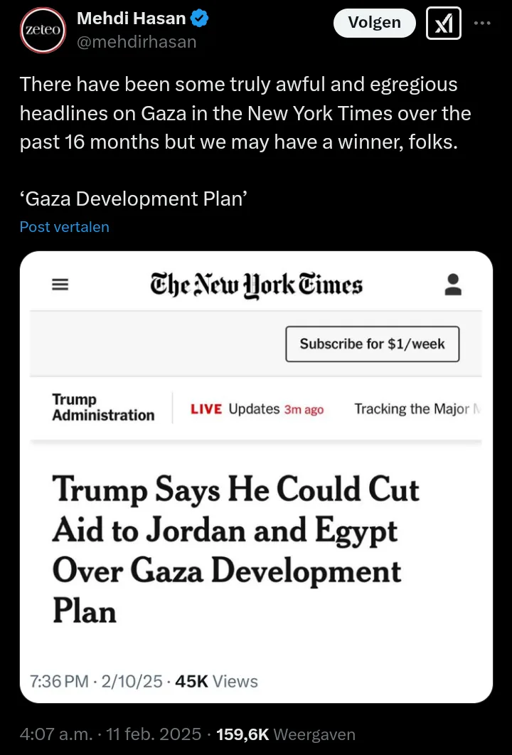 A screenshot of a New York Times article headline reading 'Trump Says He Could Cut Aid to Jordan and Egypt Over Gaza…